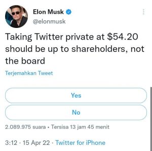 Elon Musk ingin beli saham Twitter 100 persen
