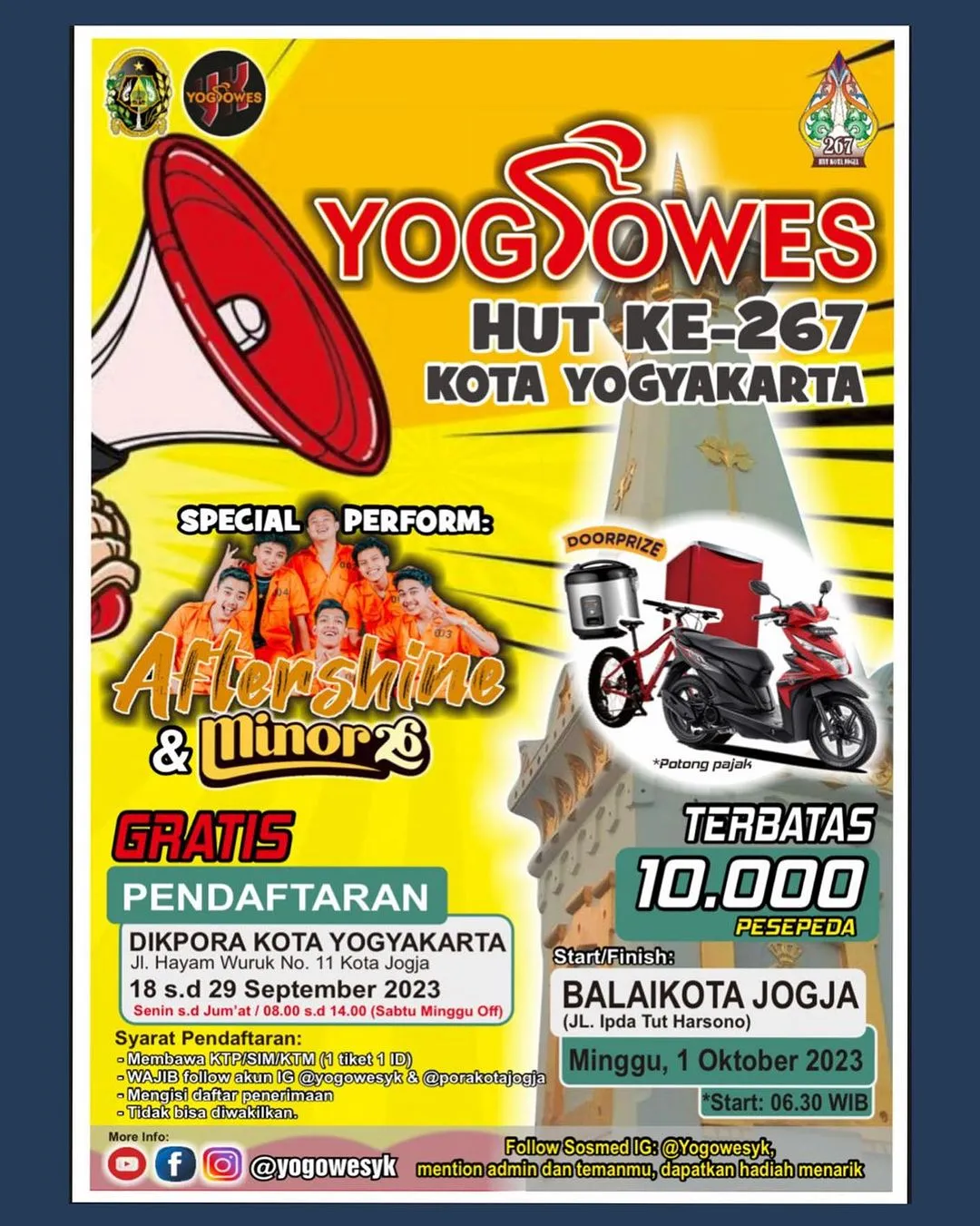 Pendaftaran Yogowes Jogja 2023 dalam rangka HUT ke-267, Dimeriahkan oleh Aftershine dan Minor 26