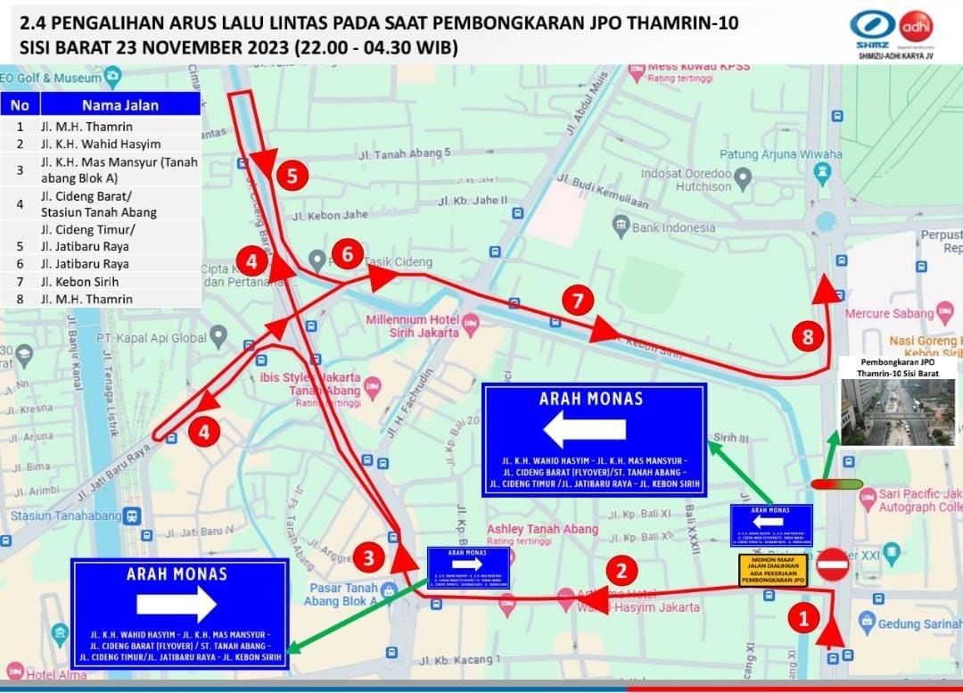 Pengalihan Arus Lalu Lintas di Jakarta Hari Ini 23 November 2023, Ada Pembongkaran JPO Thamrin