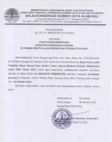Info Penutupan Gunung Batur Oktober 2023 dalam Rangka Sambut Karya Agung Danu Kerthi