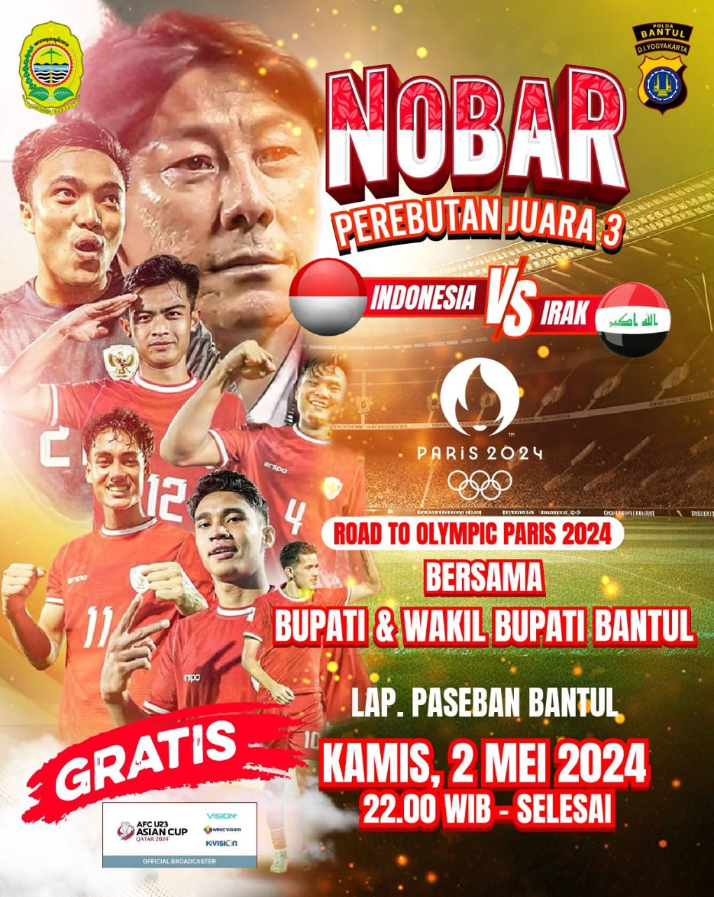 Malam Ini! Polres Bantul Gelar Nobar Piala Asia 2024 Timnas Indonesia U-23 Vs ...
