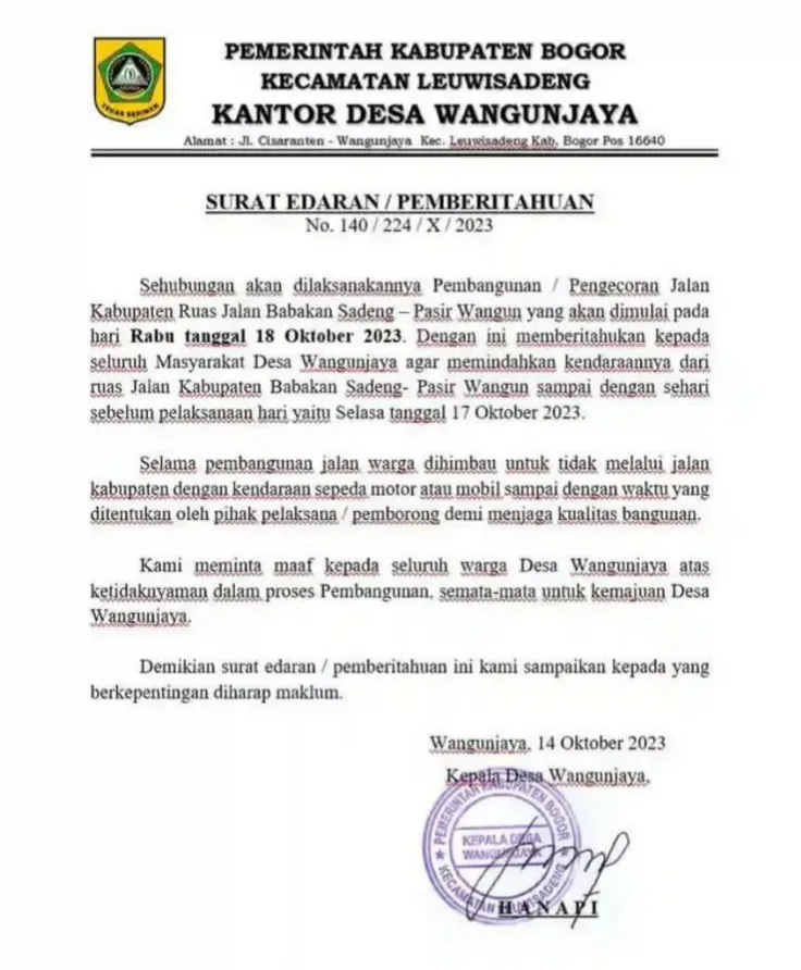 Info Penutupan Jalan di Leuwisadeng Bogor Mulai 18 Oktober 2023, Ada Pengecoran Jalan