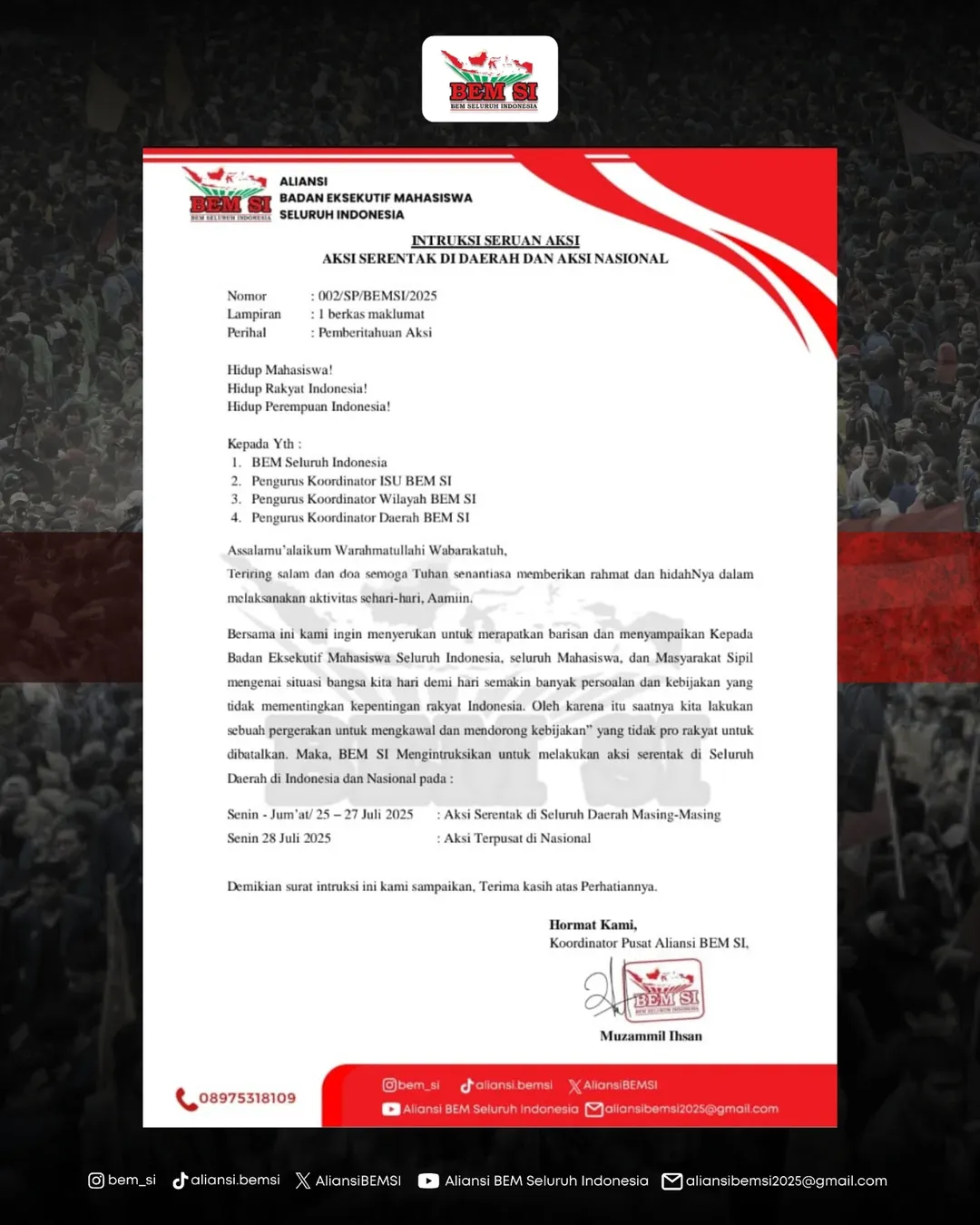 BEM SI Bakal Gelar Aksi Serentak