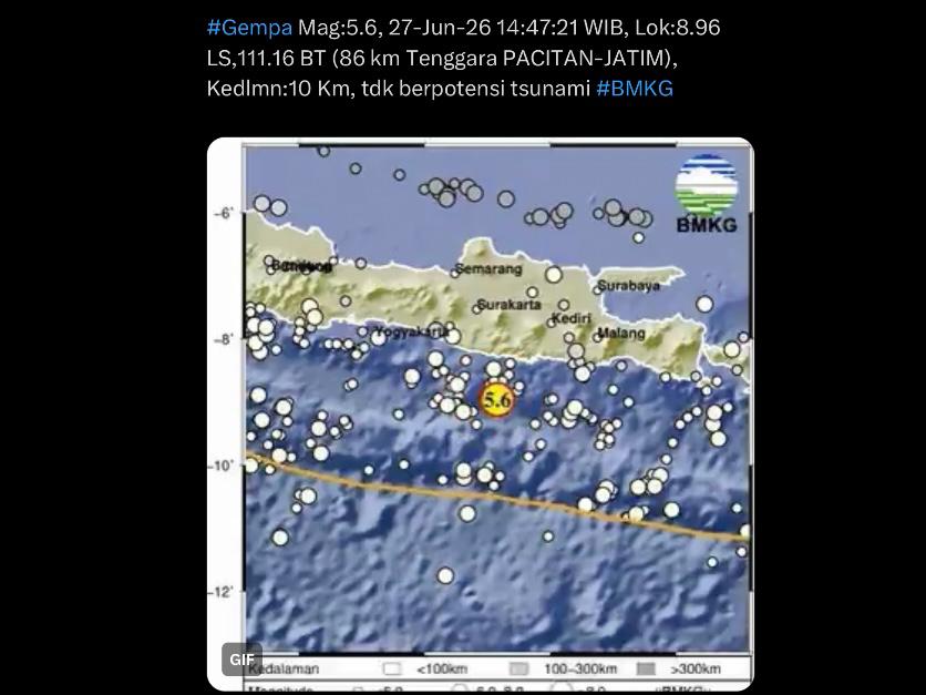 Gempa Magnitudo 5,6 Guncang Gunungkidul, BMKG Pastikan Tidak Berpotensi Tsunami
