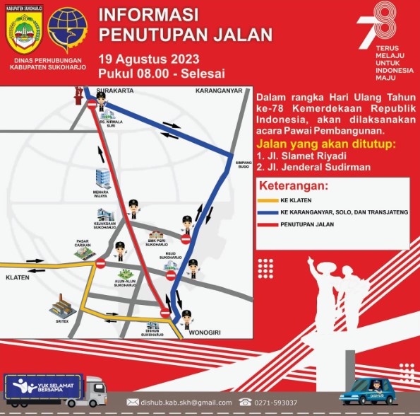 Info Penutupan Jalan Pawai Pembangunan Sukoharjo 19 Agustus 2023, Slamet Riyadi Ditutup