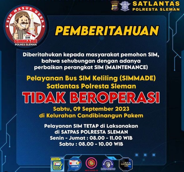 bus SIM keliling SIMMADE Sleman 9 September 2023 tidak beroperasi