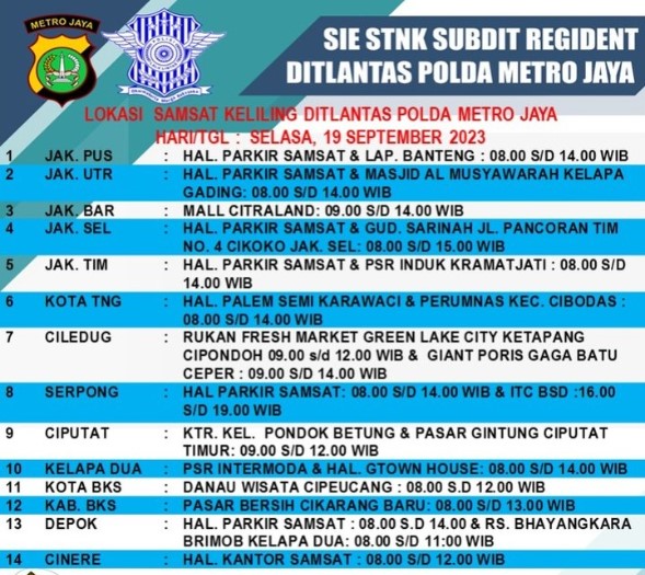 14 Lokasi Samsat Keliling Wilayah JADETABEK