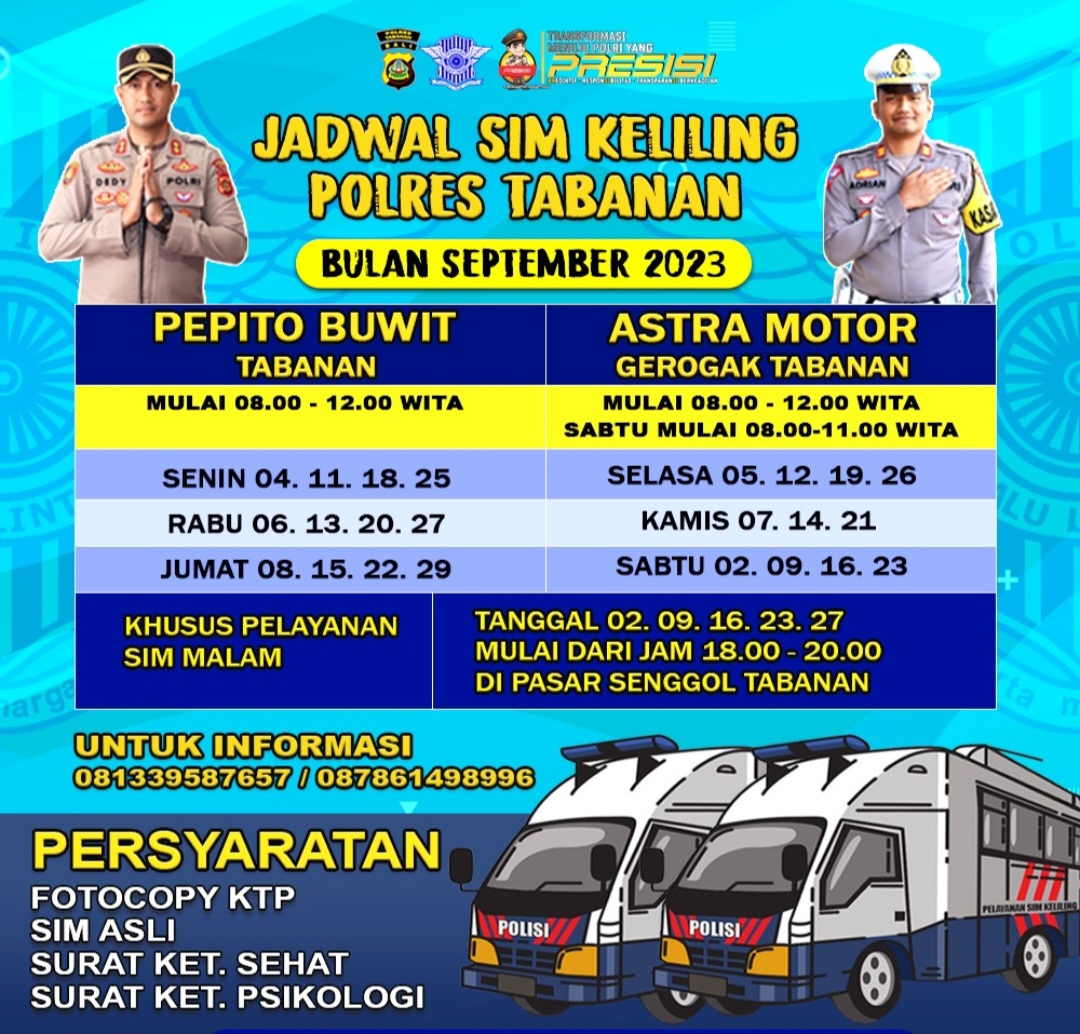 Jadwal pelayanan SIM keliling Tabanan Bali September 2023