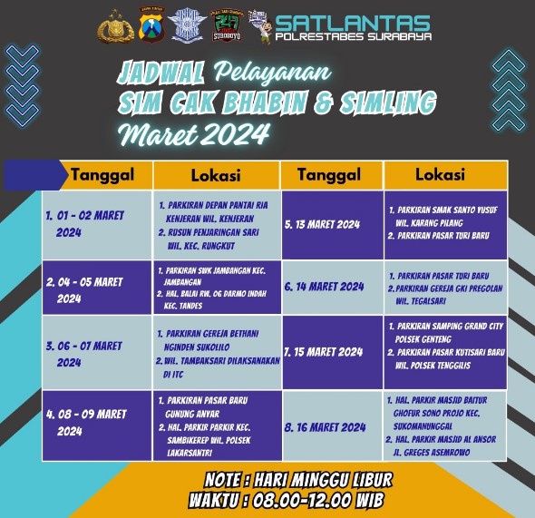 Jadwal SIM Keliling Surabaya 1-16 Maret 2024