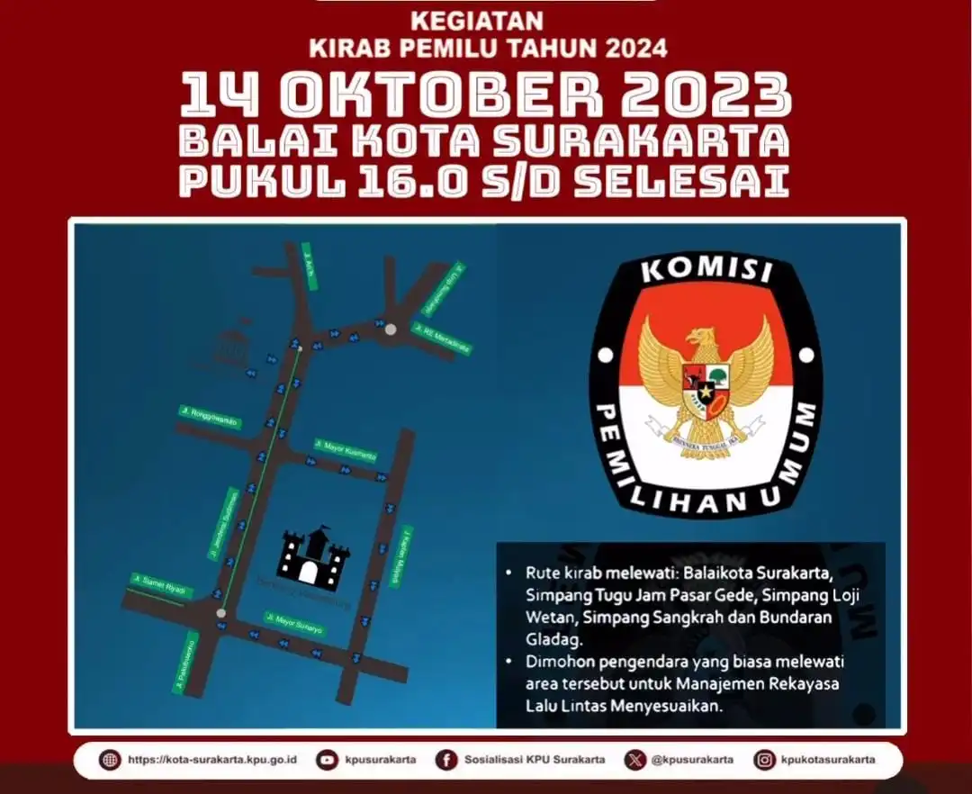 Rute Kirab Pemilu Solo 14 Oktober 2023, Berikut Jalanan yang akan Dilalui