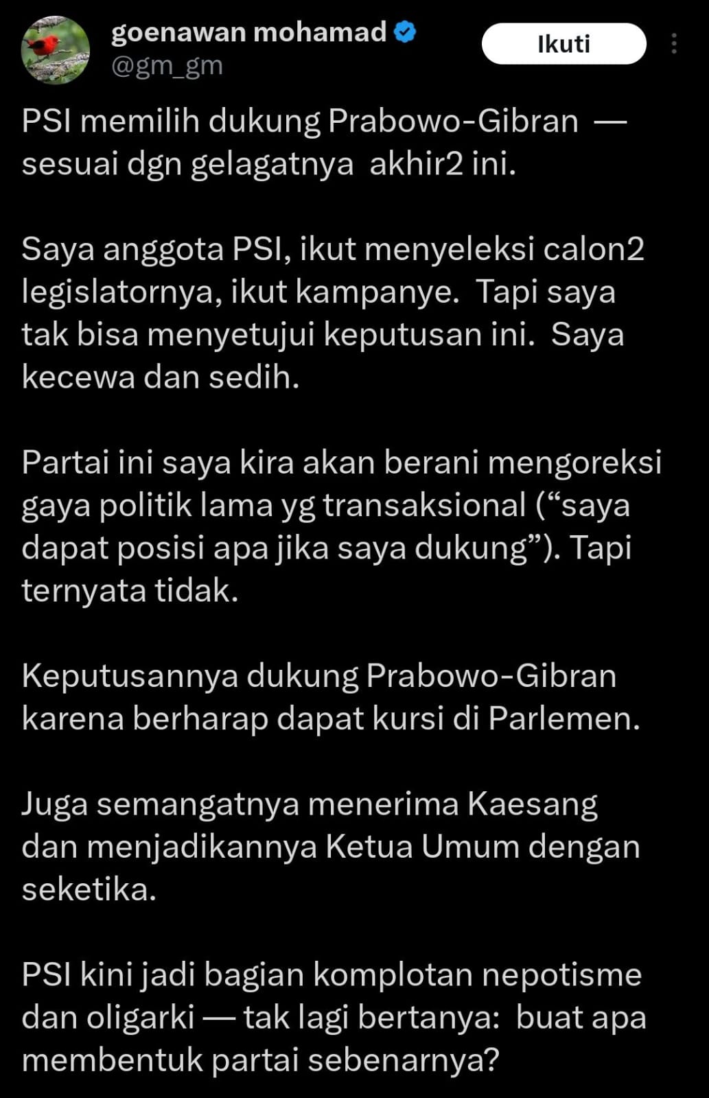 PSI Memilih Dukung Prabowo Gibran, Goenawan Mohamad: Saya Kecewa dan Sedih