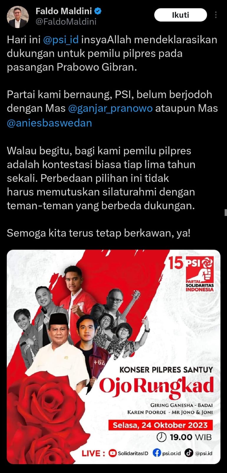 PSI memilih dukung Prabowo Gibran