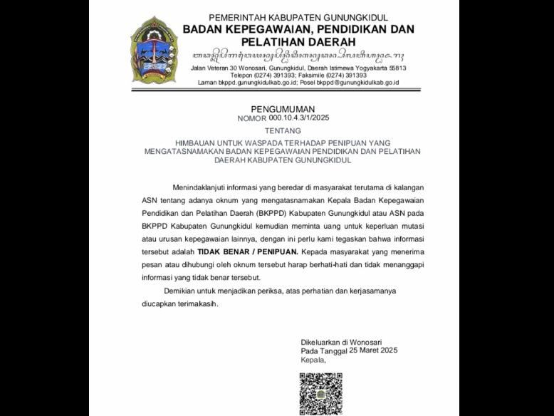 Dugaan Penipuan Dengan Iming-iming Naik Jabatan, BKPPD Gunungkidul Terbitkan Surat