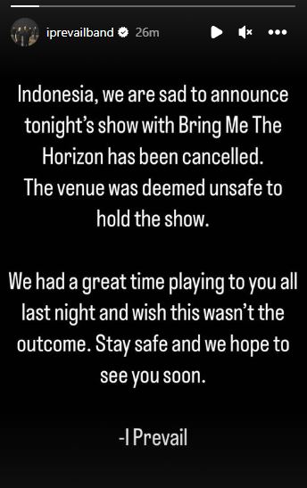 Konser BMTH di Jakarta Batal, I Prevail: Venue Tidak Aman