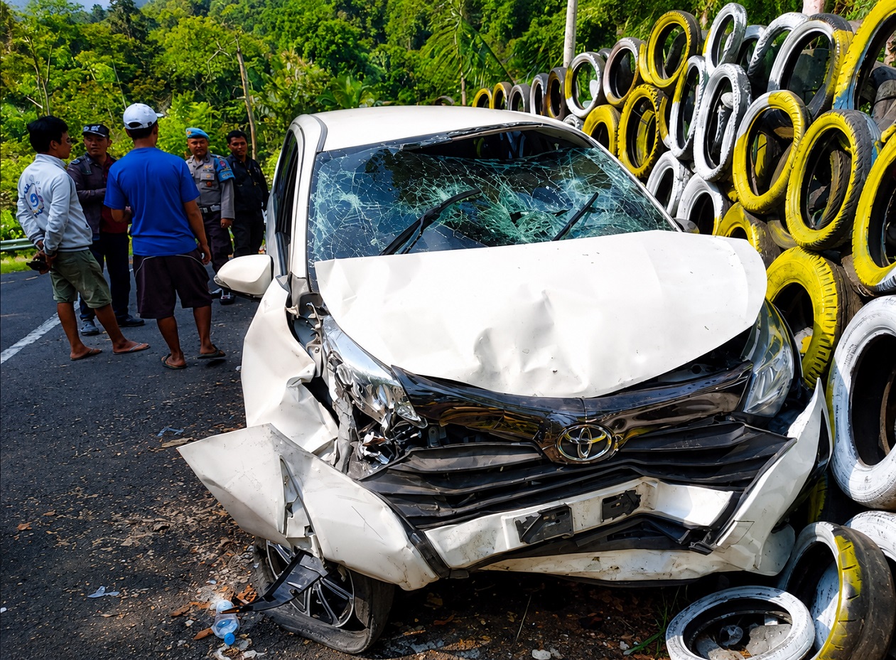 Diduga Rem Blong, Minibus Rombongan Wisata Religi Tabrak Pembatas Jalan di Jalur Curam ...